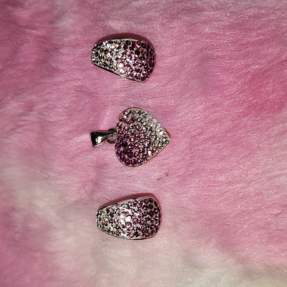 Jewelry set, 925, pink and white heart pendant and huggy hoops